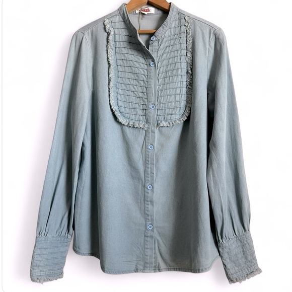 Mazik Bishop Button Down Top Shirt Chambray Light Blue Pleated Fringe Trim S NWT - Picture 1 of 8